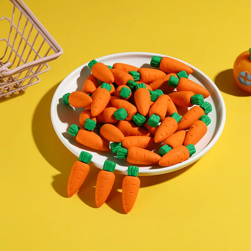 10Pcs/Lot Cute Cartoon Carrot Rubber Creative 3D Vegetable Eraser Pencil Erasers School Stationery Childhood Education Tools 3