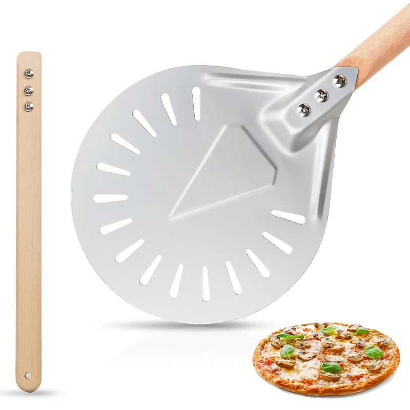 

7/8/9in Pizza peel Turning with 40cm Wooden Handle Pizza Peel Paddle Pizza Tool Non Slip Perforated Pizza Shovel A