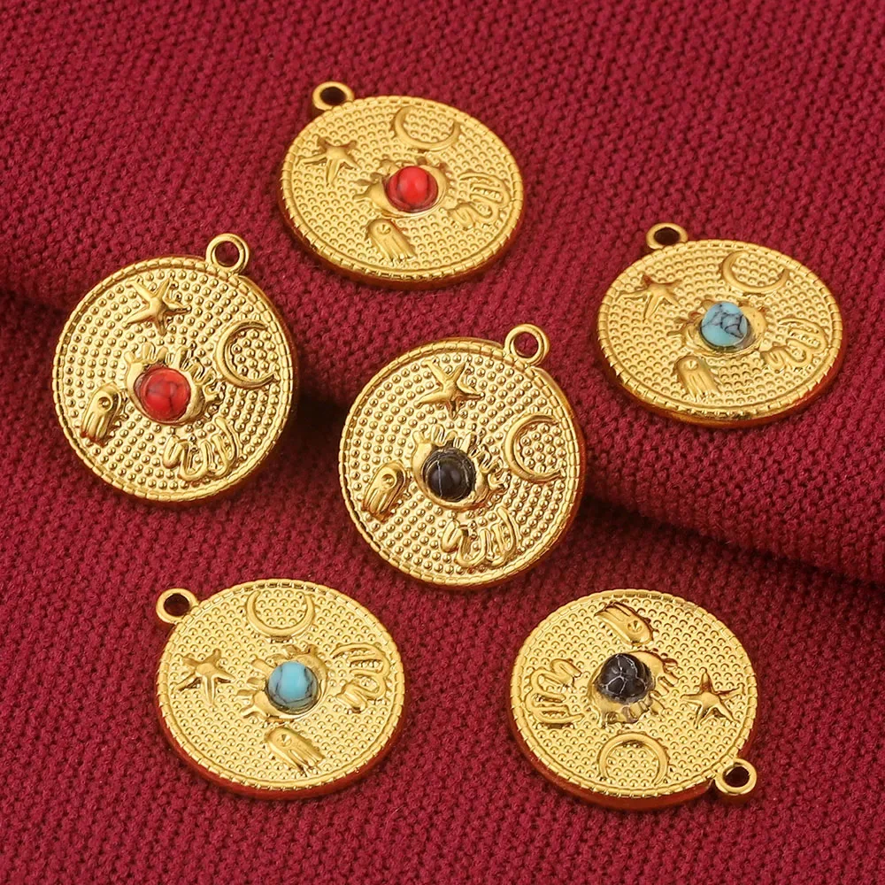 Stainless Steel Natural Stone Round Moon Star Pendant DIY Necklace Earrings Jewelry Accessories 2