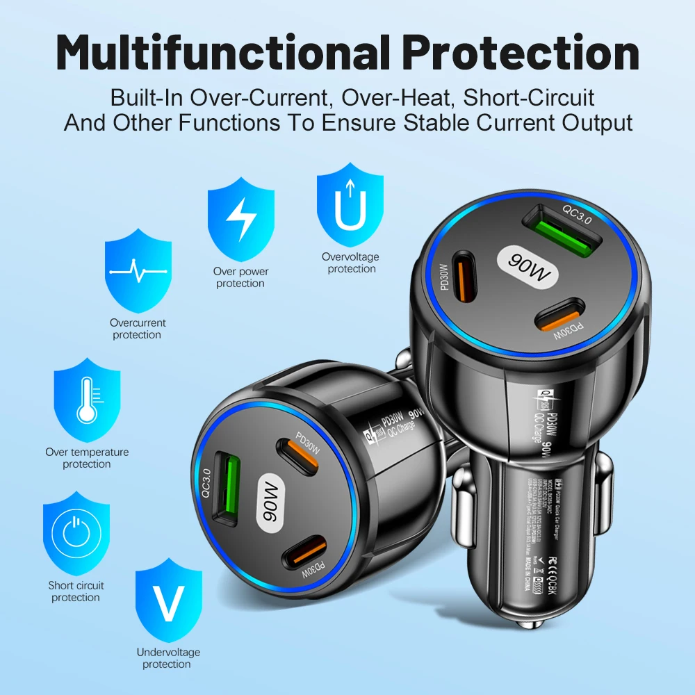 Caricabatterie per Auto USB 3-in-1 90W con PD Type C e QC3.0, Ricarica Rapida per iPhone, Xiaomi, Samsung, Adattatore per Auto - Image 3
