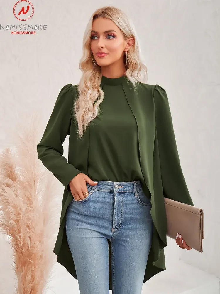 

Fashion Women Summer Solid Color Casual Blouse Irregular Design Half High Collar Long Sleeve Slim Pullovers Fake Two Tops