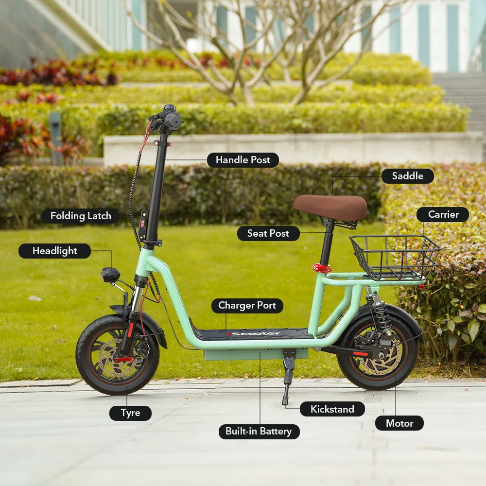 iScooter i12 Scooter elétrico com assento e cesto 12 polegadas 500W dobrável Kick eScooter 36V 7,5Ah alcance máximo 35km Scooter de mobilidade