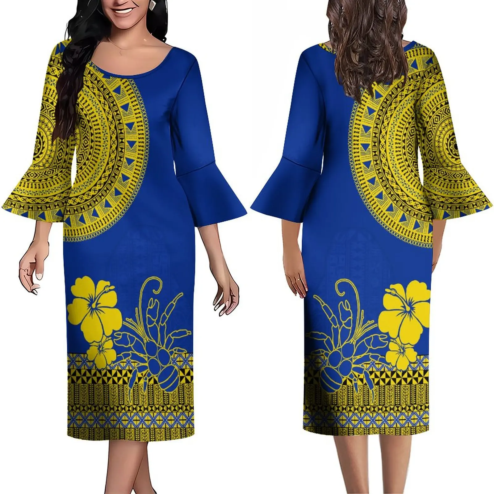 

Fiji Island Style Custom Ladies Long Dress Polynesian Pattern Art Print Summer Long Sleeve Crewneck Elegant Casual Dress 2024
