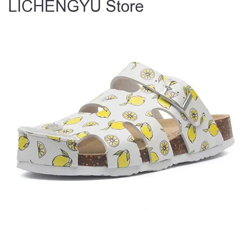 New Summer Buckle Cork Slipper Casual Women Beach Outside Non-slip Closed Toe Cut-outs Slides Shoes