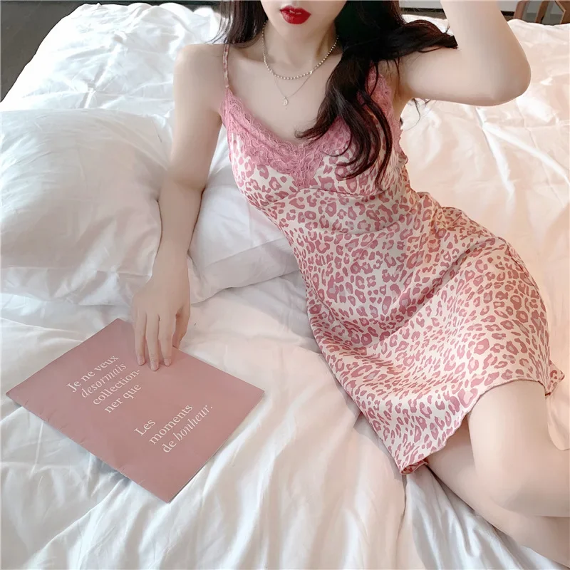 

Nightgowns Sexy Women Summer Leopard Dress Lace For Female Nightwear Ladies Sleepshirts Sleepwear Print Silk Pajamas Sling Dress