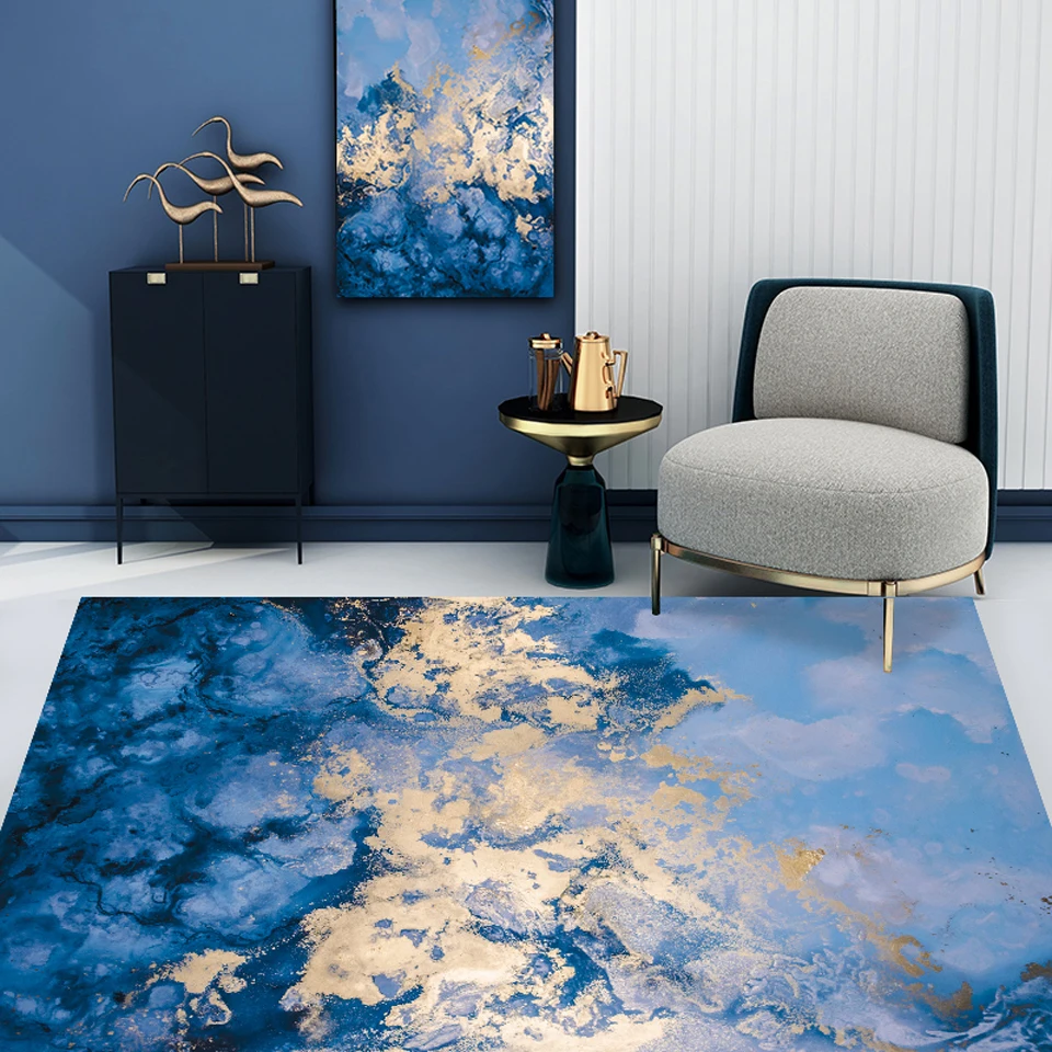 Abstract Marble Blue Golden Living Room Rug Luxury Nordic Carpets