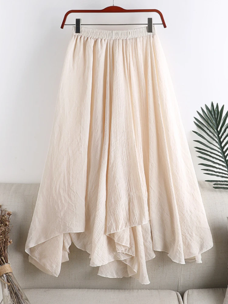 

HOUZHOU Elegant Linen Skirt Women Soild Irregular Pleated Skirts Casual Office Lady 2023 Spring Summer Female Outfits Streetwear