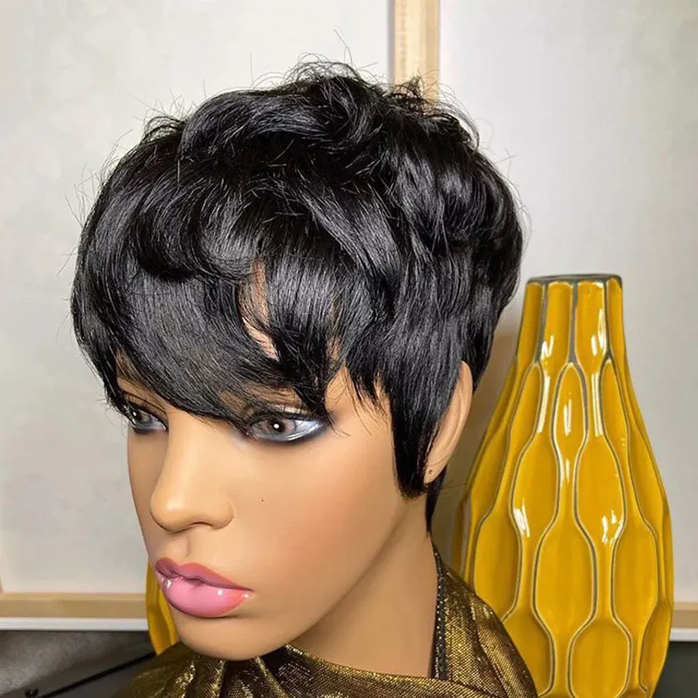 Short Pixie Cut Wig Human Hair For Black Women Machine Made Wigs With Bangs Glueless Wig Human Hair Wigs