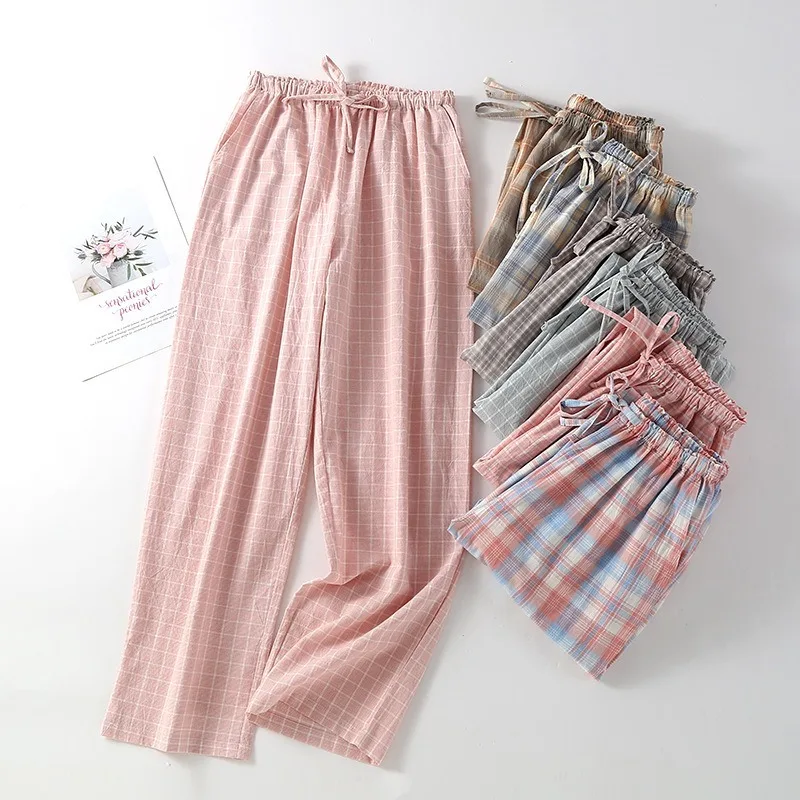 Pantaloni da pigiama da donna a quadri in cotone, pantaloni da casa comodi, traspiranti e morbidi, gamba dritta, pantaloni da notte alla moda_voghion.com