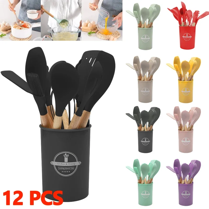 

12pcs Wooden Handle Silicone Kitchenware Set Heat-resistant Kitchen Cookware Gadgets Baking Non-stick Spatula Cooking Set