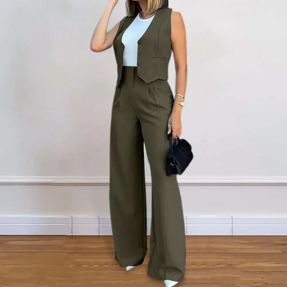 Women Chic Vest ＆ Pants Suit Two-Piece Set Formal Single-breasted Top Wide Leg Trousers Office Ladies Summer  Womens Outfits