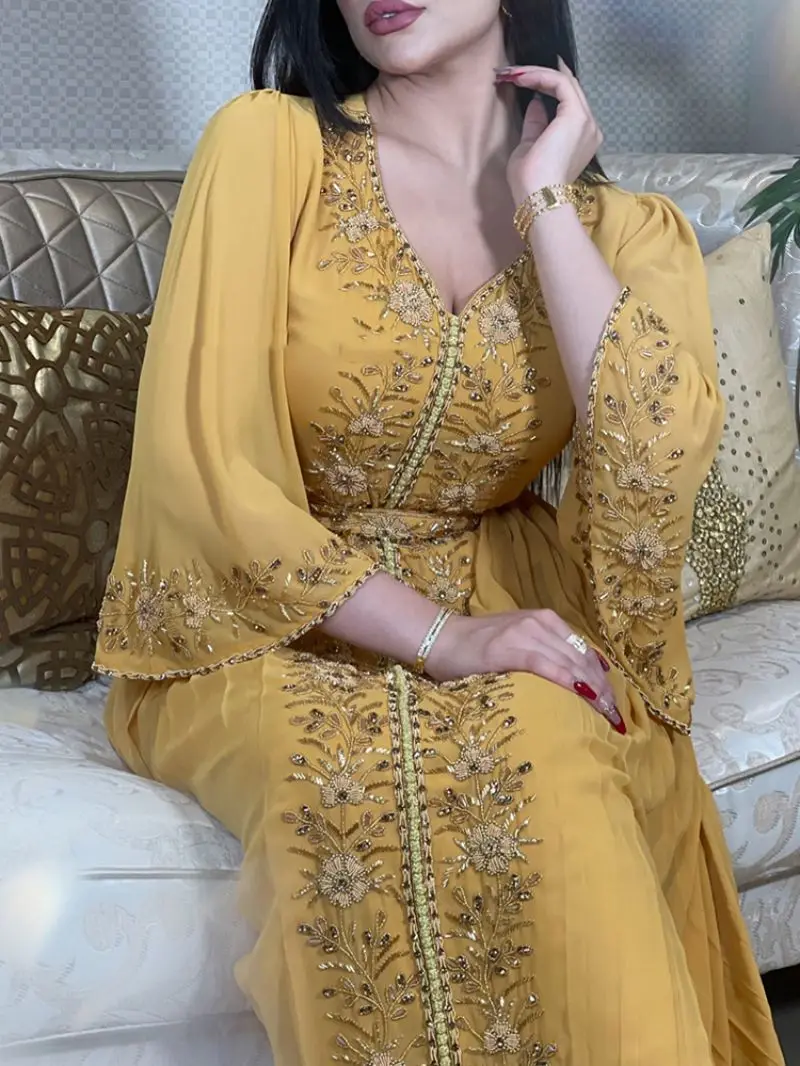 Luxury Eid Muslim Party Dress for Women Ramadan Arabic Abaya Dubai Evening Dresses Jalabiya Islam Clothes Turkey Moroccan Kaftan