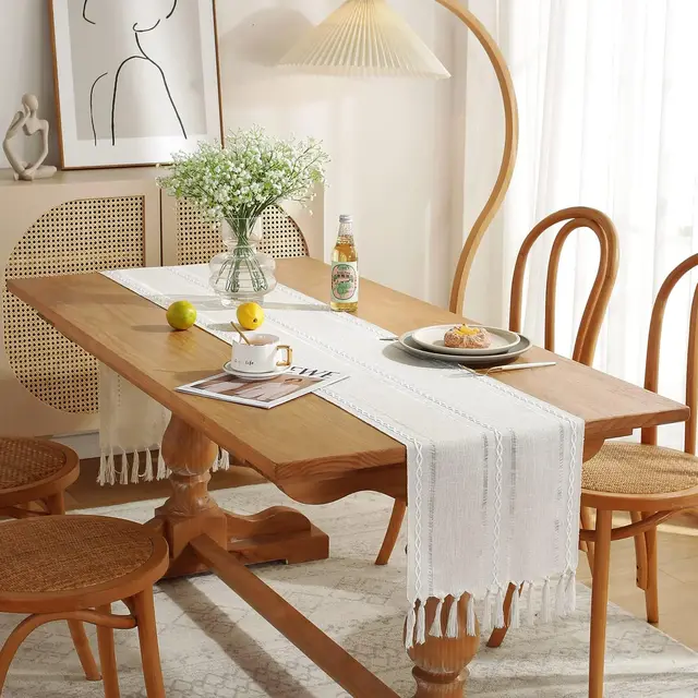 Rustic Farmhouse Style Linen Table Runner, Boho Handmade Fringe Braided Stripe Table Runners for Holiday and Dining Decorations 4