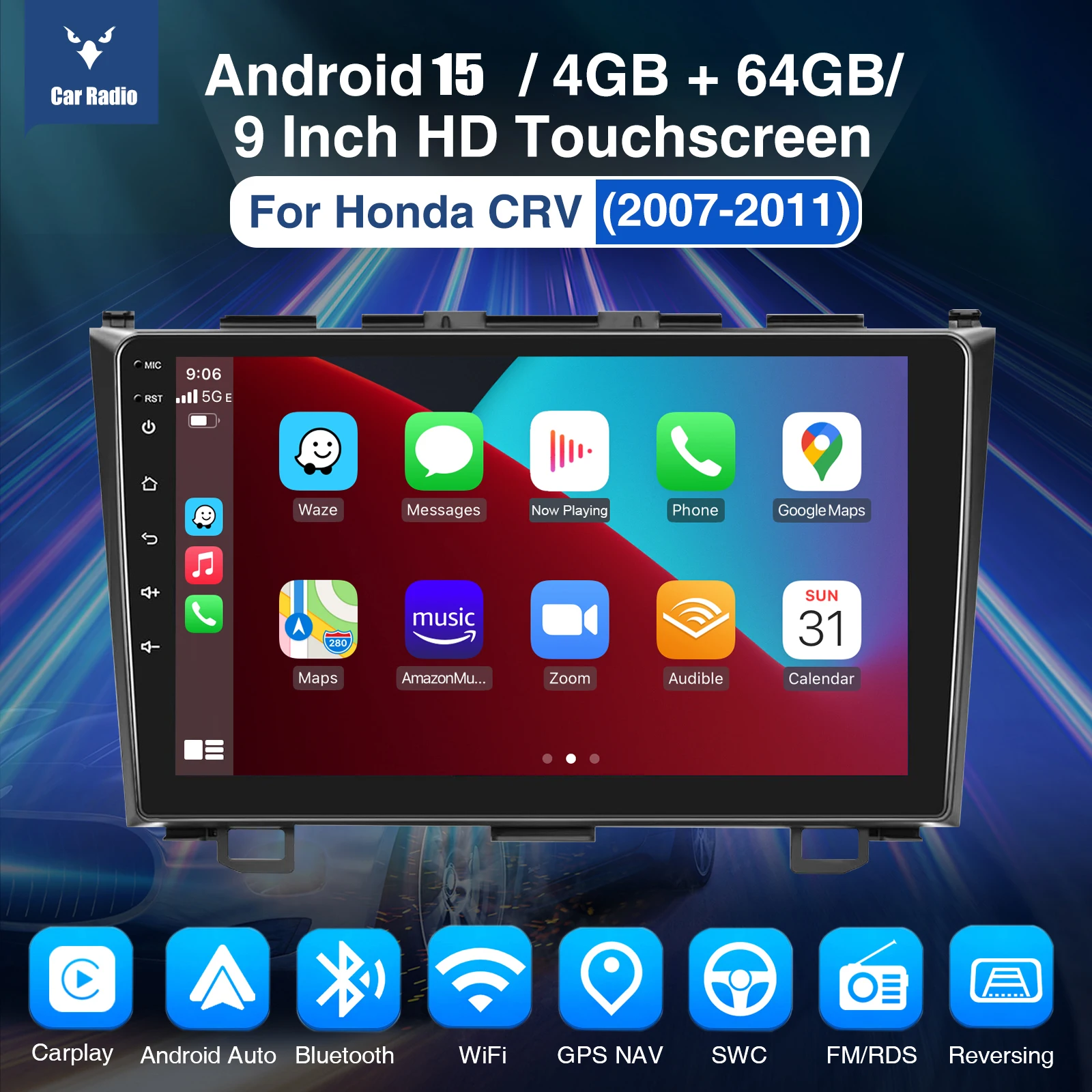 ESSGOO Android 15 IPS Touchscreen 9 Zoll Für Honda CRV 2007-2011 GPS Navi WIFI Bluetooth Autoradio Apple CarPlay Android Auto Drahtlos Lenkradfernbedienung FM Spiegel Link ASP Sound Geteilter Multimedia Player – Detail 1