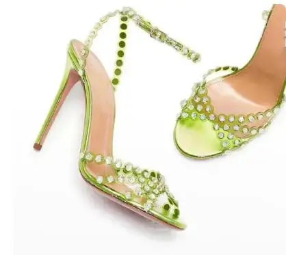 Summer PVC Bling Crystal Rhinestone 10 CM Thin Heels Sandals Woman Ankle Buckle Strap Slingback Party Shoes women slingback sandals women high heels shoes
