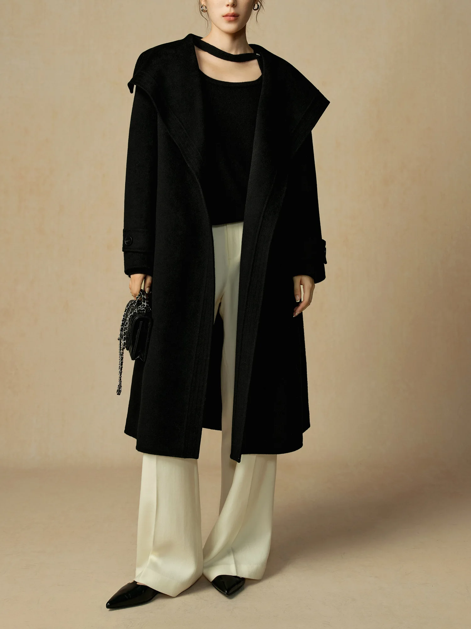 DUSHU 100% Wool Women's Classic Long Woolen Coat 2024 Winter New Item Two-piece Collar Raglan Sleeves Woolen Coat 24DS84183