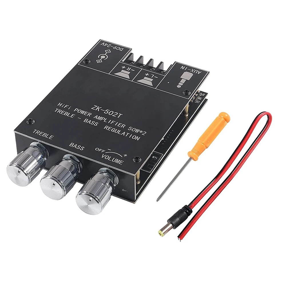 

Audio Amplifier Board -502T Bluetooth 5.0 50W+50W 2.0 Channel AUX BT Stereo Amp Module DC12-24V