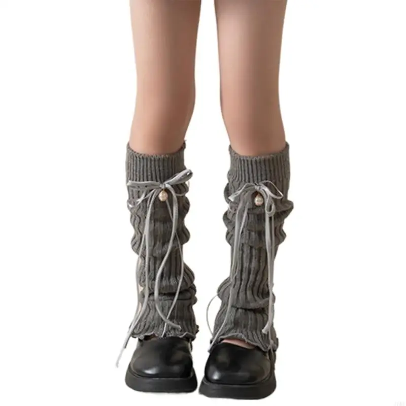 J6BE Knitted Warm Foot Cover Breathable Leg Warmer with Bells and Ribbons Decorations