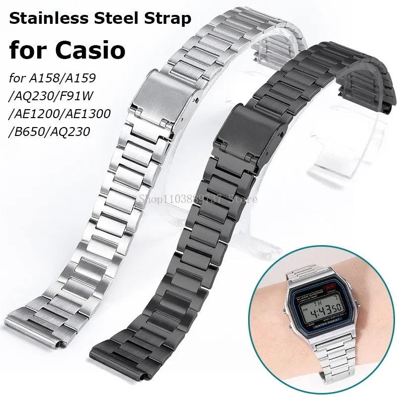 for Casio Stainless Steel Strap 18mm Metal Watchband for A158/A159