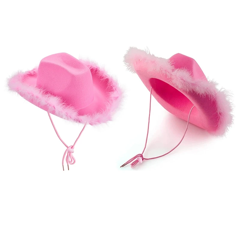 

652F Casual Pink Cowgirl Hat Western Cowboy Hat Fluffy Feather Brim Cowboy Hat All-match for Themed Birthday Party Photo Prop