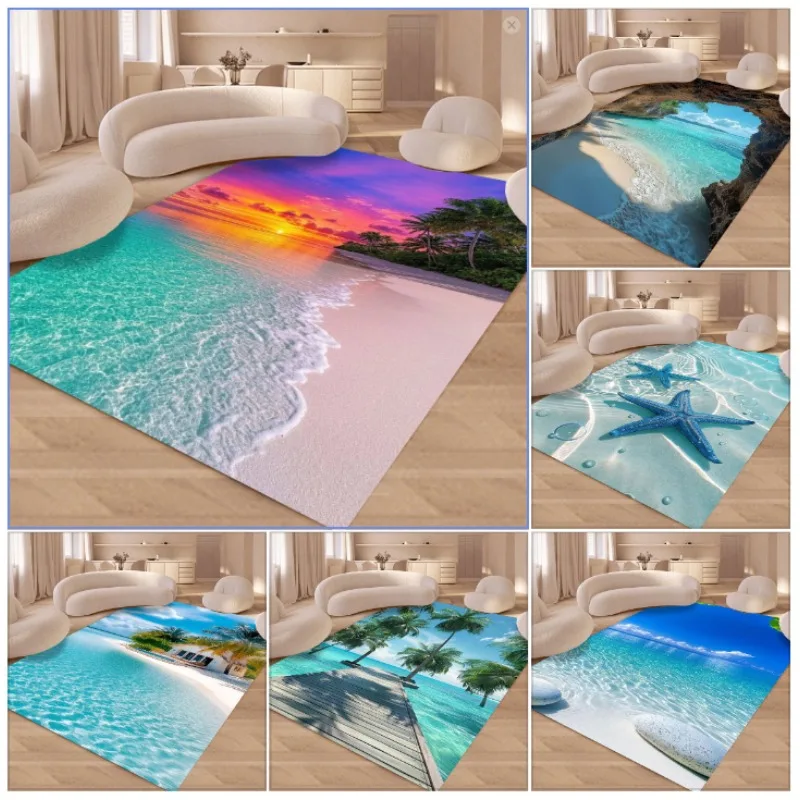พรมลายทรอปิคอล บีช ซันเซ็ท ลายต้นปาล์ม ปลาดาว กันลื่น ทนทาน ตกแต่งบ้าน ห้องนั่งเล่น ห้องนอน 1