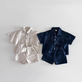 TZ2614 Korean Style Summer New Children's Clothing Set Boy Girl Soft Denim Shirt with Stitching Trendy Outfit for Kids 1