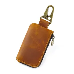 Compact Multi - Functional Leather Coin & Card Wallet with Keychain Ring and Carabiner Hook (Brown)