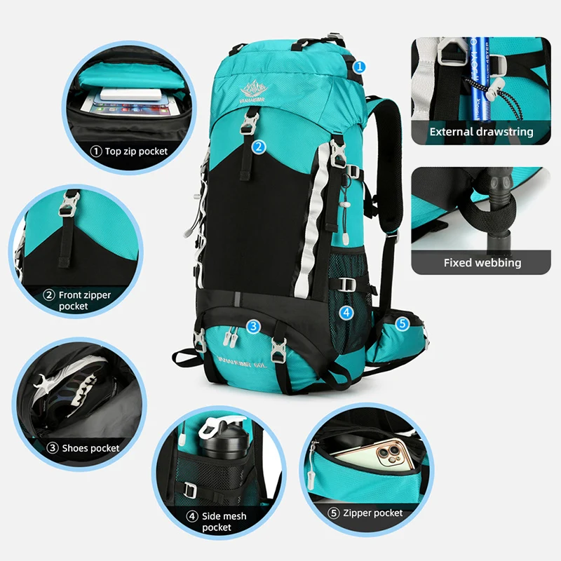 Camping Travel Backpack Outdoor Bag Climbing With Rain Cover For Men Hiking Trekking Mountaineering Sports Hydration Bags 60L 6