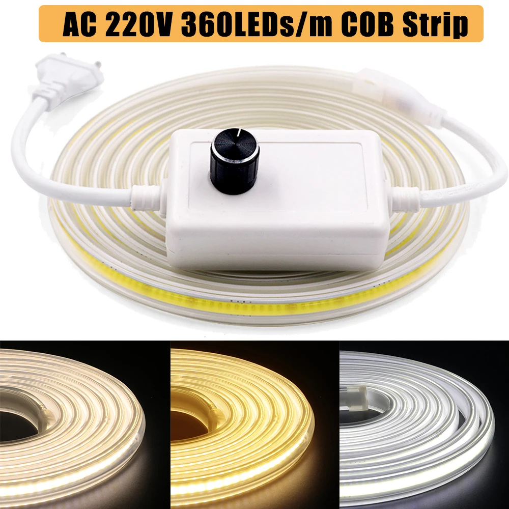 EU 220V COB LED Strip with Dimmer Super Bright 360LEDs/M Warm Nature Cool White Flexible Tape Waterproof Outdoor Linear Lighting neon light strip with dimmer eu 220v soft cob light bar silicone tube rope super bright 288leds m waterproof flexible neon sign