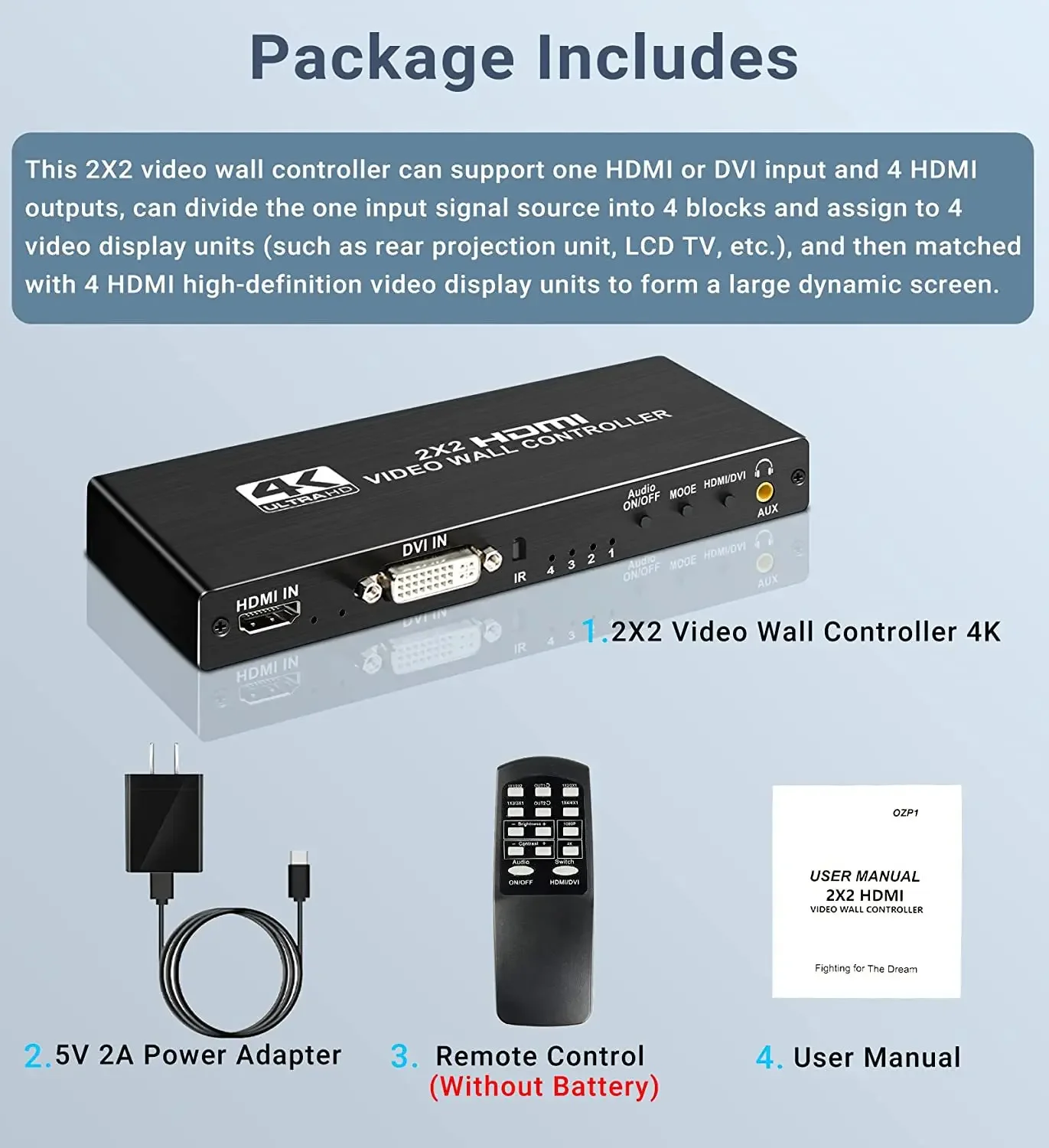 2X2 Video Wall Controller 1080P 4K DVI HDMI Video Wall Processor 1x2 1x4 1x3 2x1