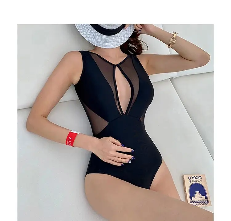 Black Spliced Hollow Out Gauze Sexy Backless Swimwear