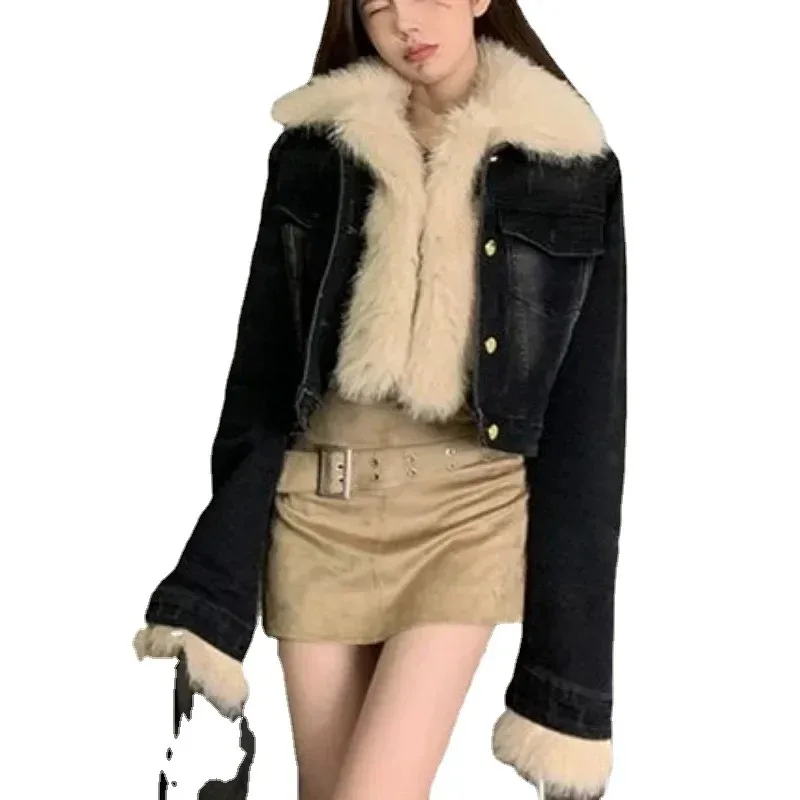 Women's Fur Collar Jacket, Temperament Short Denim Coat, Female Casual Outerwear, Versatile, Niche Design, Winter, New Design