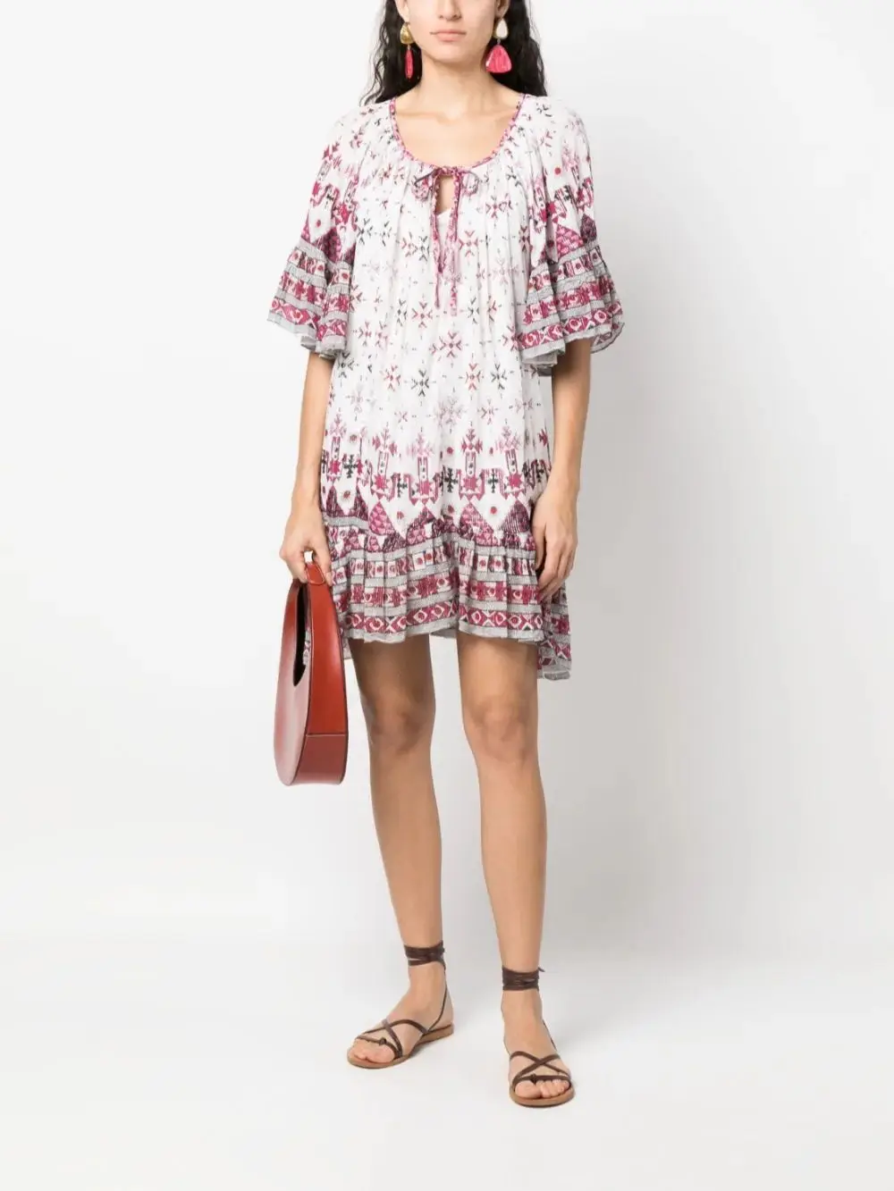 

Women's Lace-Up Collar Pleated Mini Dress 2023 Summer New Puff Sleeve Geometric Print Ladies Loose Fit Vintage Short Robes