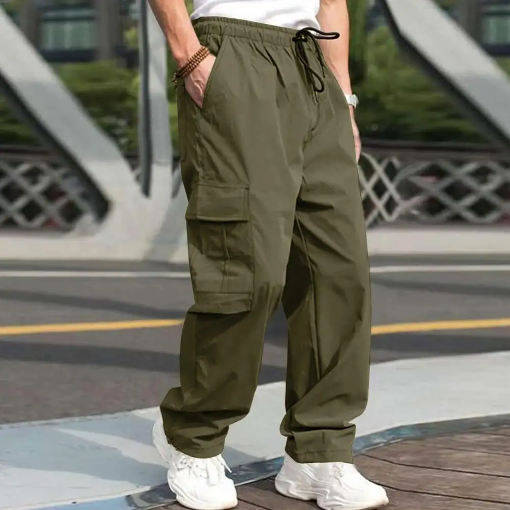 

Versatile Men Casual Cargo Pants Elastic Waistband Drawstring Multi Pockets Hip Hop Slacks Straight Wide Leg Long Trousers