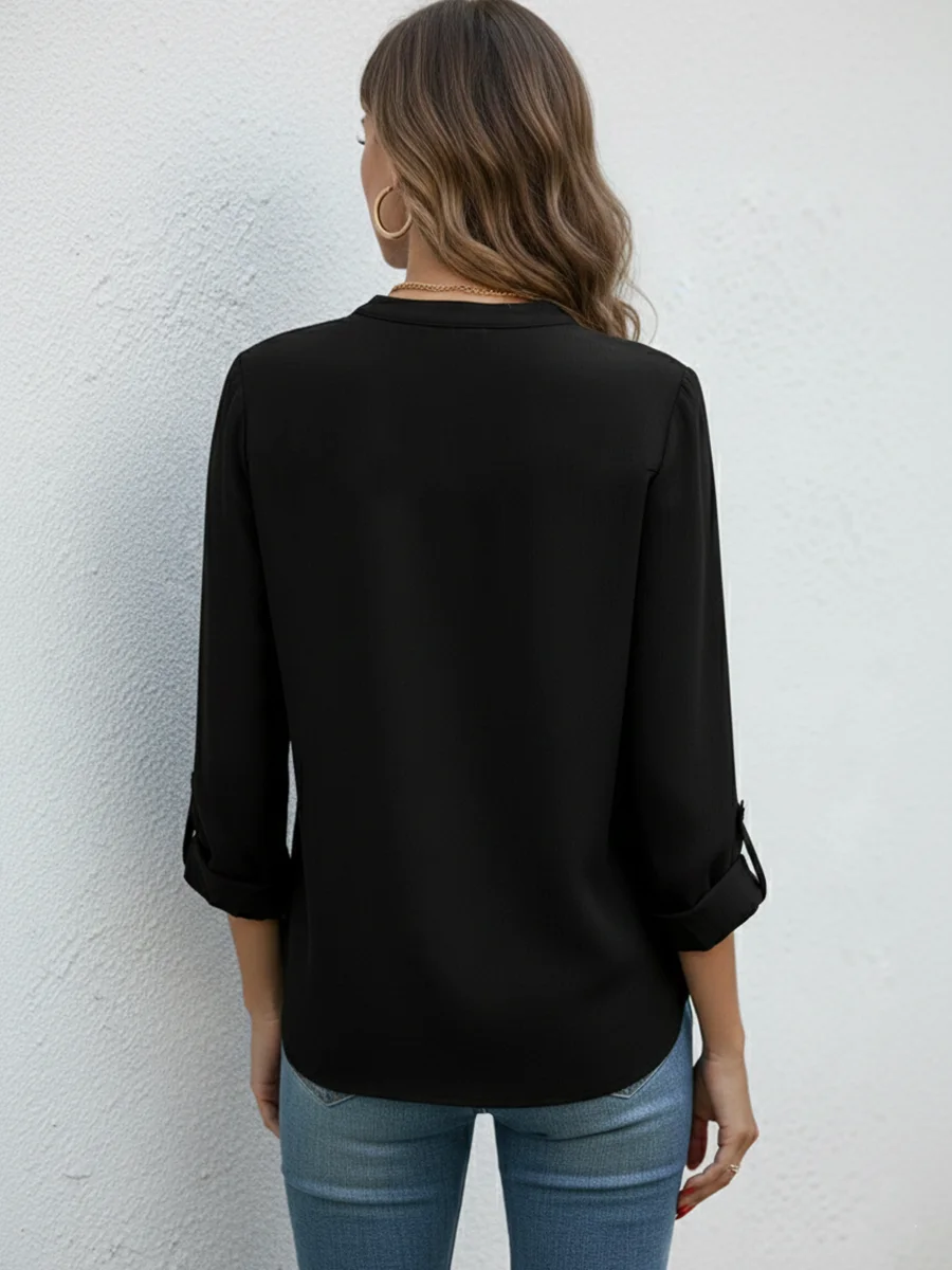 Chemisier élégant pour femme à col en V, manches longues retroussables, haut décontracté de couleur unie, chemise de travail ample pour le bureau, tunique féminine