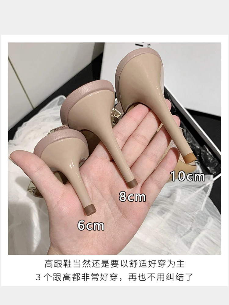 굽 샌들 여름 럭셔리 브랜드 리벳 슬링 백 슬리퍼 패션 지적 발가락 가죽 스틸레토 힐 파티 파티 신발 여성