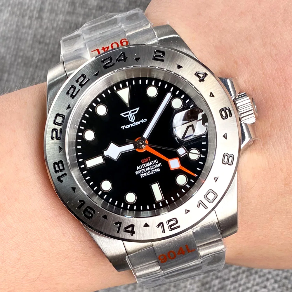 Steel Tandorio NH34 Orange GMT Diver Mechanical Watch Men 24 Hours Steel Bezel 904L Bracelet Sapphire Glass Relogio Masculino