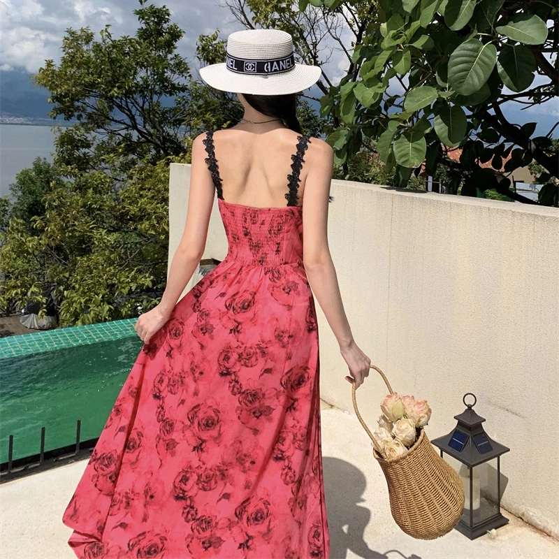 

Summer Bohemian Beach Lace Sling Dress 2023 New Rose Flower Long Lolita Sundress Korean Women's Night Party Clothing Vestidos