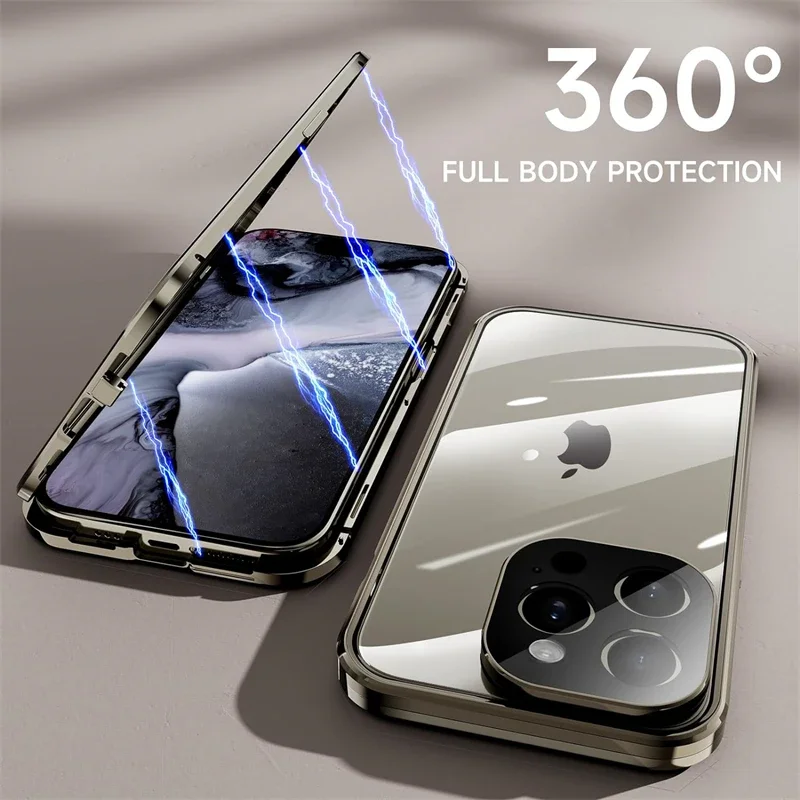 Magnetic Double-Sided Tempered Glass Full Body Case with Lens Protection and Metal Bumper Cover