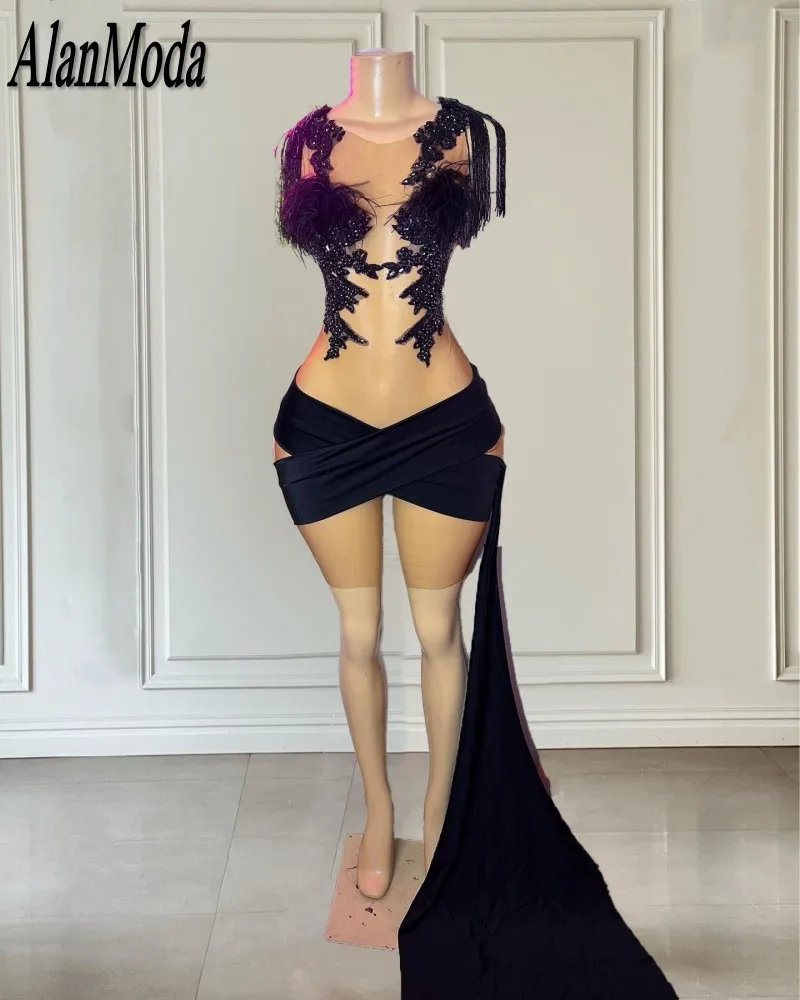 Little Black Birthday Dress For Women Luxury 2023 Sheer Neck Feathers Short Prom Gowns Con Train Cocktail Party Dress