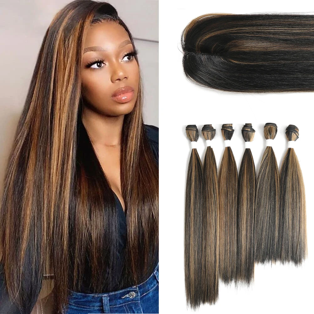 Synthetic Hair Extensions 6 Bundles Hair Weaving with Free Closure Synthetic Hair Extension Weave 14 16 18 inch Ombre Brown Highlight Heat Resistant