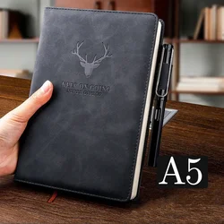A5 Premium Leather Notebook with Personalized Soft Cover and Bookmark - Ideal for Business and Meetings (Black)
