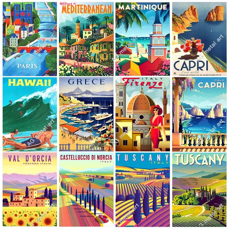 

Vintage Famous City Landscape Posters Metal Tin Signs Italy France Greece Hawaii Retro Plate Wall Art Decor for Living Room Home
