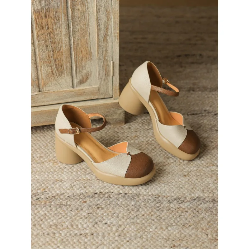 Retro genuine leather hollowed out high thick heels with thick soles, one line buckle, wrapped toe sandals for women