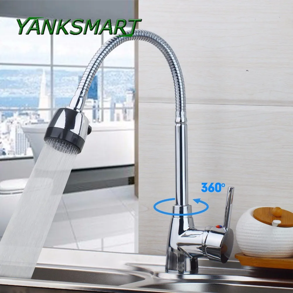 YANKSMART Kitchen Basin Sink Faucets 360 Swivel Spout Chrome Ceramic Plate Spool Cold & Hot Water Mixer Taps Flexible Faucets