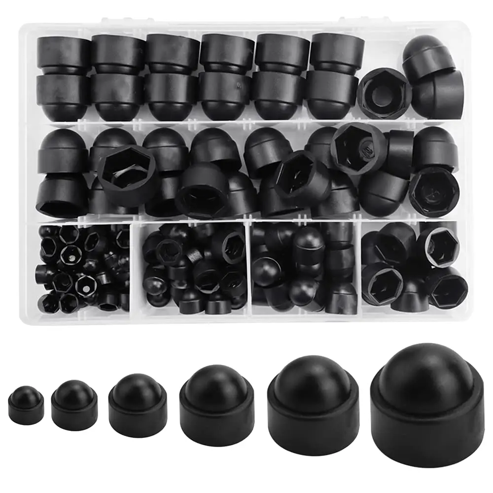 Description Picture 3 of item145Pcs M4 M5 M6 M8 M10 M12 Black Hexagon Nutrs Cap Nylon Acorn Nut Dome Hex Cover Protecting Hexagon Screws Bolts Kit
