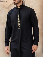 Mid East Islamic Clothes Men's Muslim Fashion Abaya Long Sleeve Embroidered Stand Collar Robe Ethnic Style Loose Men Jubba Thobe