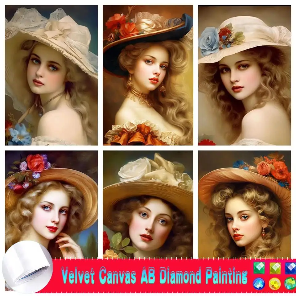

5D AB Velvet Canvas Diamond Painting European Women Hat Portrait Diy Diamond Mosaic Cross Stitch Embroidery Home Decor