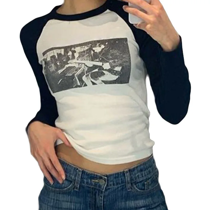 

WPNAKS y2k Tops Women Fashion T-Shirts Autumn Clothes Graphic Contrast Color Slim Long Sleeve Tees Female Clothing Streetwear