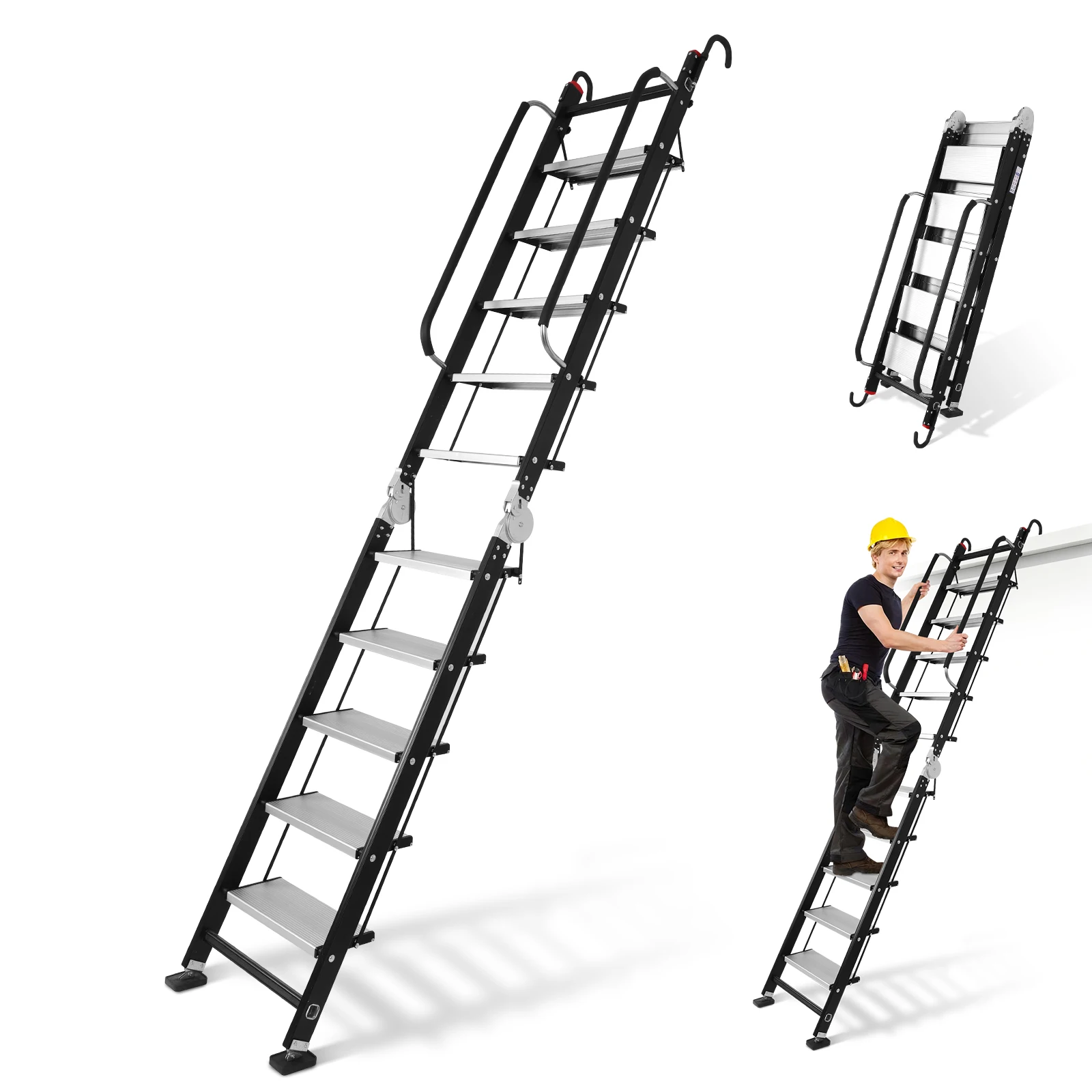 8.8FT Foldable Aluminum Alloy Attic Ladder with Handrails Hooks Step